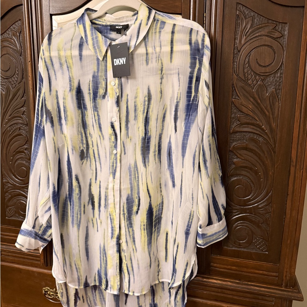 DKNY Multicolor Sheer Collared Shirt NWT